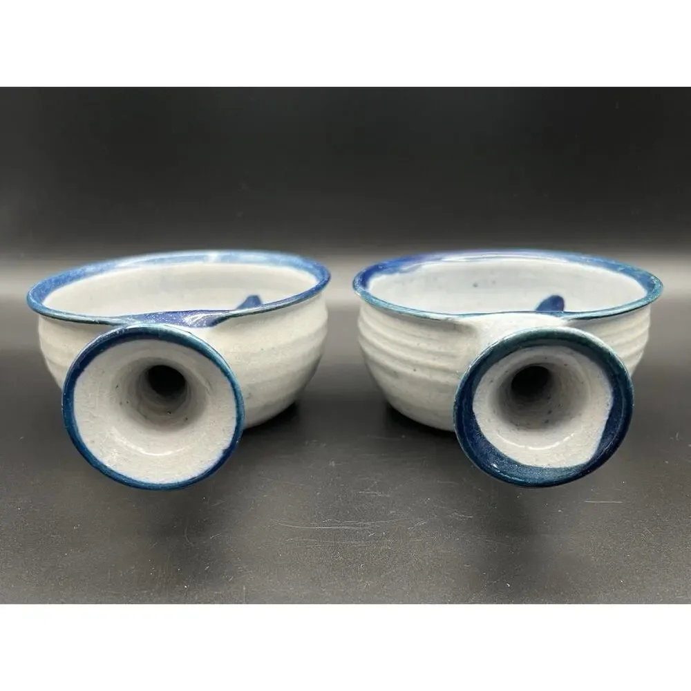 Wheel Thrown Studio Art Pottery 5.5” Handled Soup Bowls Blue & White Signed x2